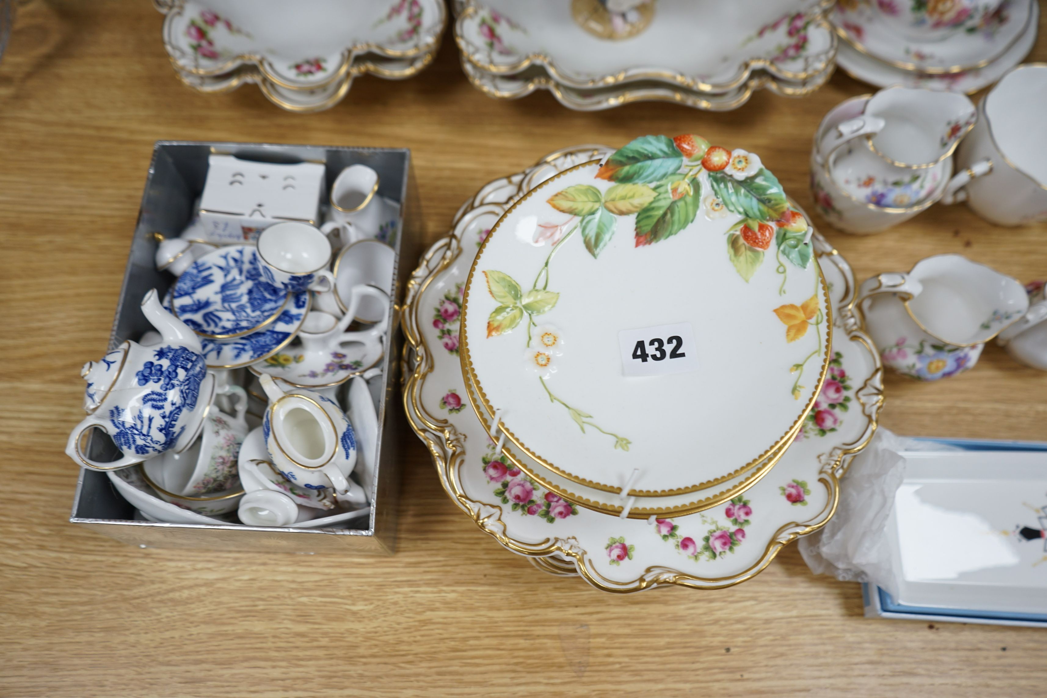 A George Jones dessert set, Royal Crown Derby teaware, mixed miniature ceramics and a coffee set